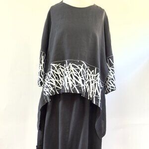 Black Linen Top and Harem Pants Set with White Print & Embroidery New XL or sz 3